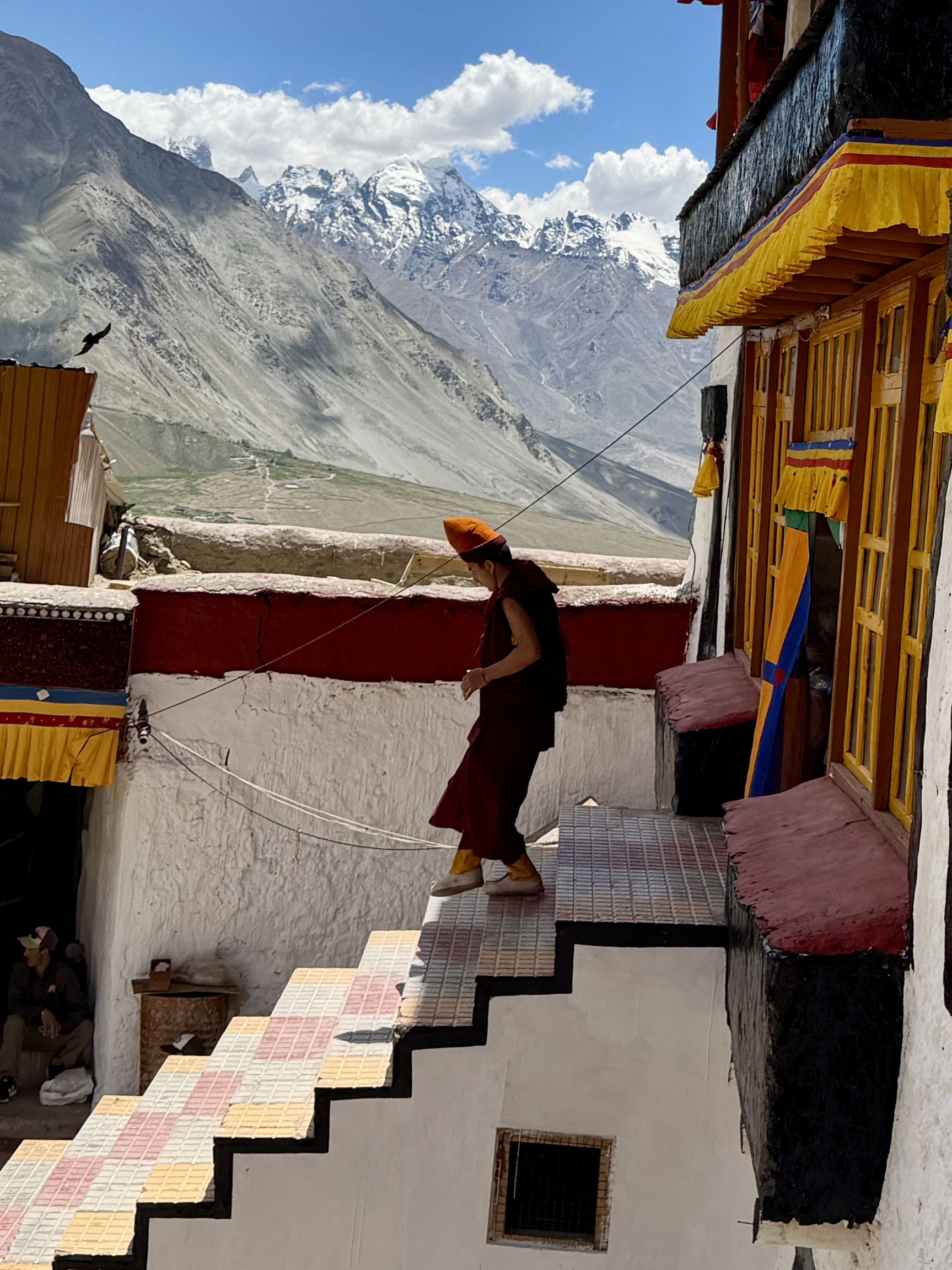 Monastery balcony with the Zanskar peaks behind